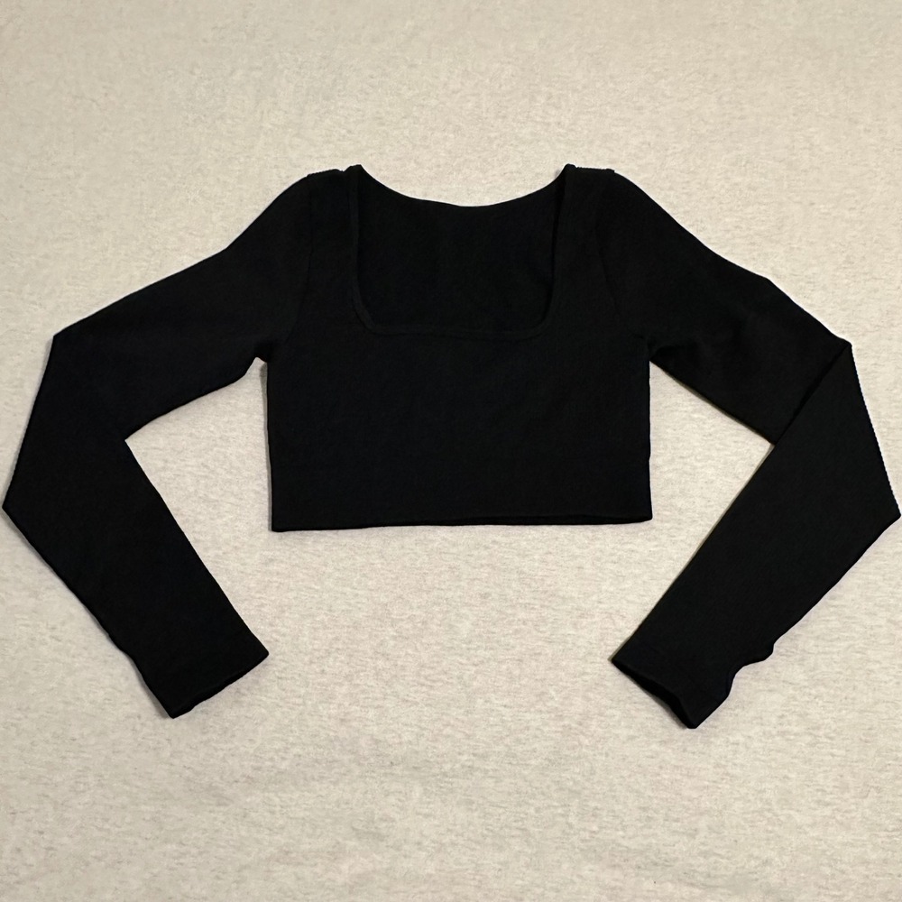 OQQ Black Ribbed Square Neck‎ Long Sleeve Crop Top Women M Thumbhole